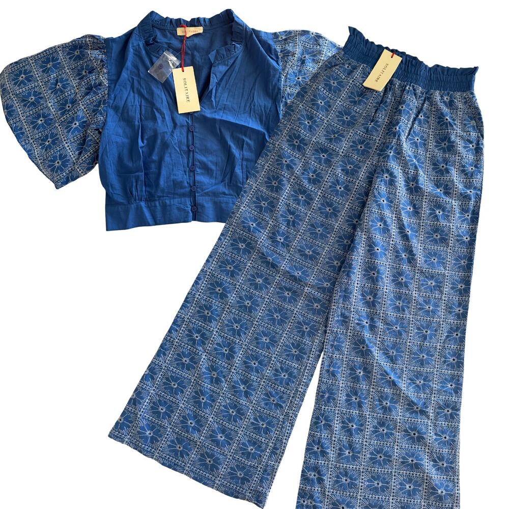Solitaire Blue Embroidered Eyelet Matching Set Top Medium Bottoms Small NWT Boho